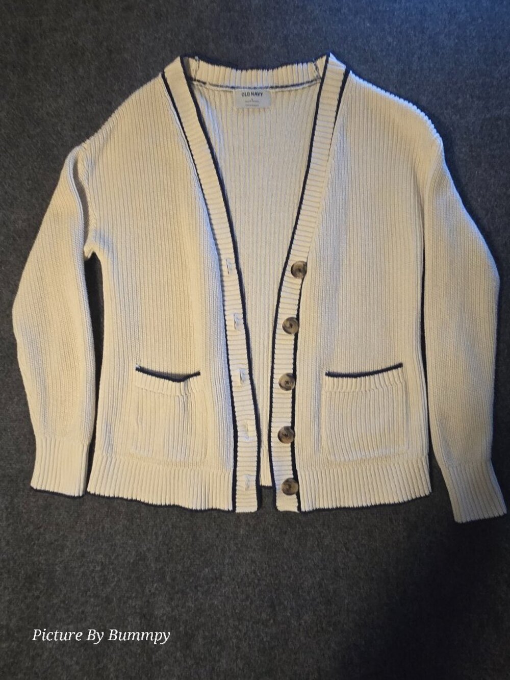 Old Navy Varsity Cardigan Cream Navy Trim Relaxed Size M